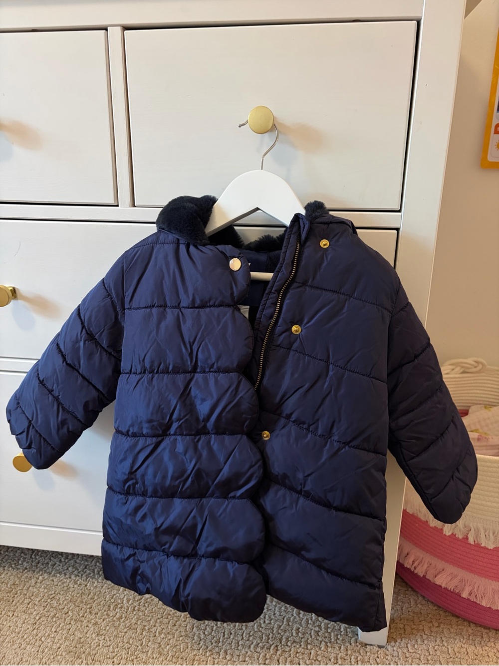 Jacadi Puffy Jacket 24M Blue Scalloped Fur Hood Winter Coat Kids